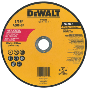DISCO CORTE ABRASIVO PARA METAL 7" X 1/16" DEWALT DW8065